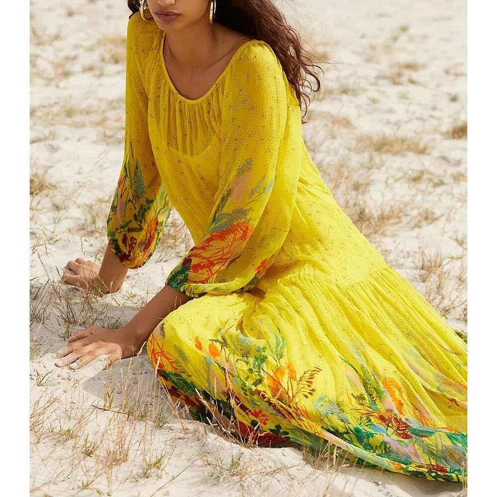 Anthropologie Tarin Scoopneck Tie Waist 3/4 Sleeve Floral Maxi Dress Yellow S